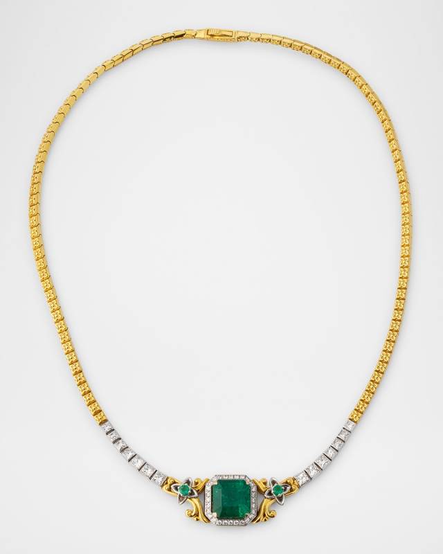 18K Yellow Gold Diamond, Emerald and Tsavorite Statement Necklace